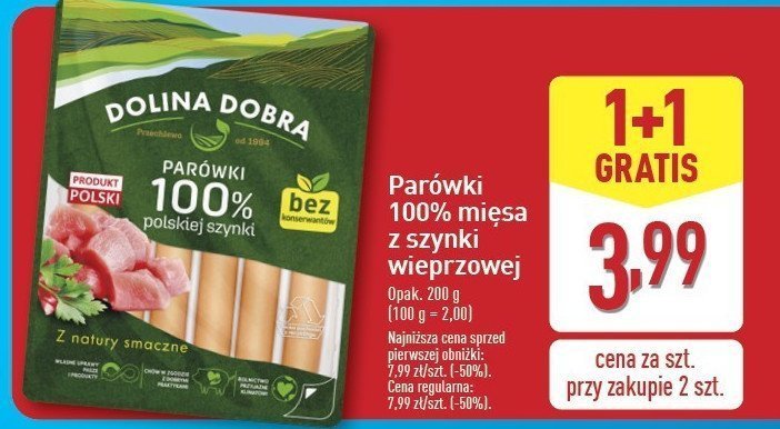 Parówki 100 % z szynki Dolina dobra promocja w Aldi