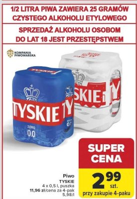 Piwo Tyskie 0.0% 4x0.5l, puszka promocja w Carrefour Market
