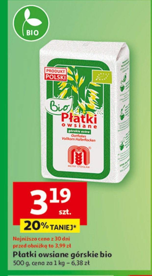 Płatki owsiane górskie bio Młyny stoisław promocja w Auchan