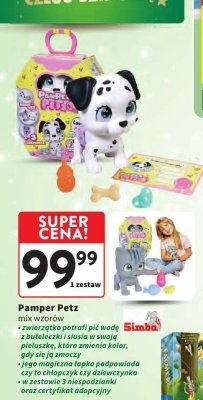 Pamper Petz zwierzątko potrafi pić wodę z buteleczki ślusiu w swoją pieluchę, która zmienia kolor, gdy się je karzy jego magiczna łapka podpowiada czy to chłopczyk czy dziewczynka w zestawie 3 niespodzianki oraz certyfikat adopcyjny mix wzorów promocja w Intermarche