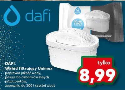 Wkład filtrujący Unimax poprawia jakość wody, pasuje do dzbanków innych producentów, zapewnia do 200 l czystej wody Dafi promocja w Kaufland