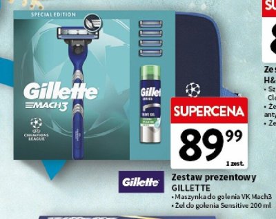 Zestaw prezentowy Gillette Mach3 - maszynka do golenia + żel do golenia Sensitive 200 ml promocja w Intermarche