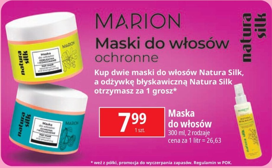 Maska do włosów ochrona i wygładzenie Marion natura silk promocja w Leclerc