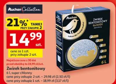 Żwirek bentonitowy Auchan Collection 6 l, super chłonny promocja w Auchan