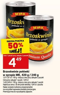 Brzoskwinie połówki w syropie MK, 420 g / 240 g promocja w Twój Market