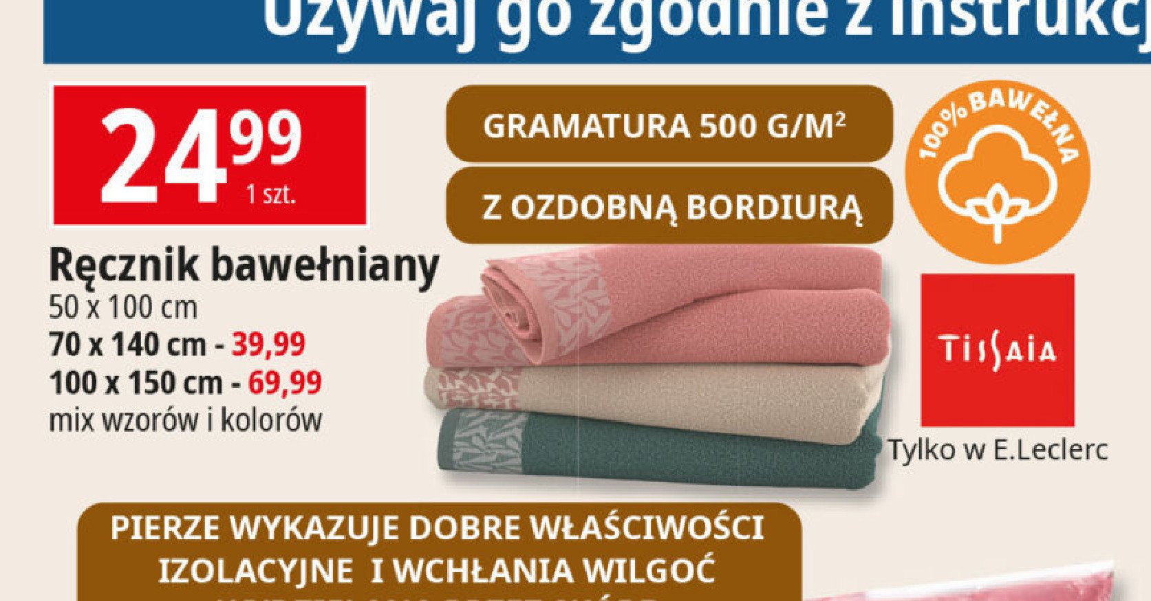 Ręcznik bawełniany 100 x 150 cm Tissaia promocja w Leclerc