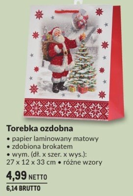 Torebka ozdobna papier laminowany matowy zdobiona brokatem wym. (dł. x szer. x wys.): 27 x 12 x 33 cm, różne wzory promocja w Makro
