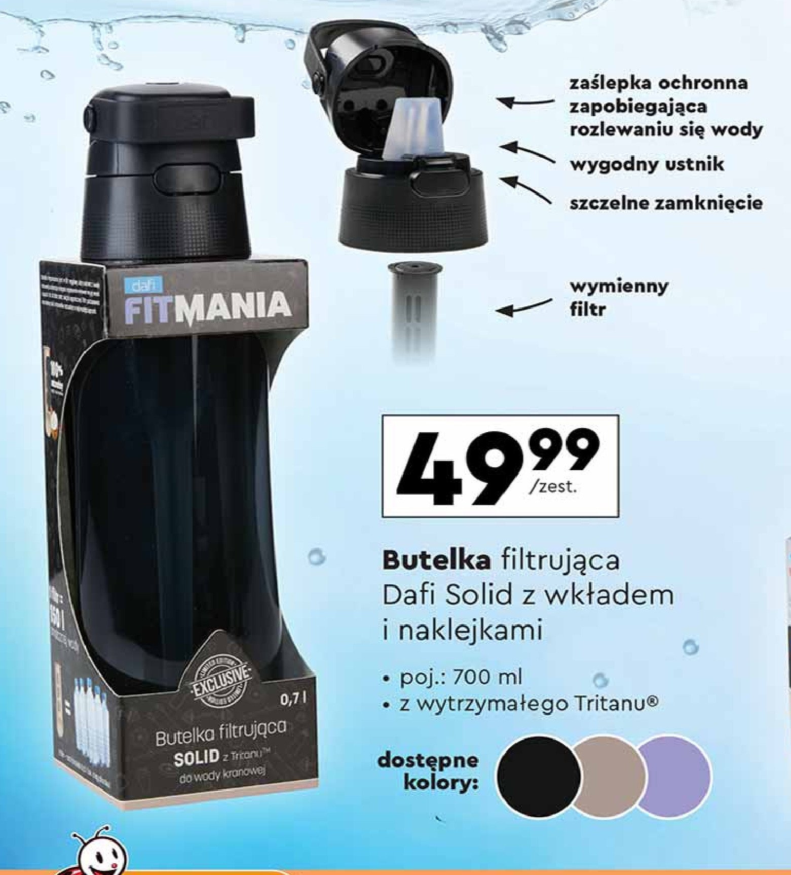 Butelka solid z tritanu filtrująca wodę 700 ml + filtr Dafi promocja w Biedronka