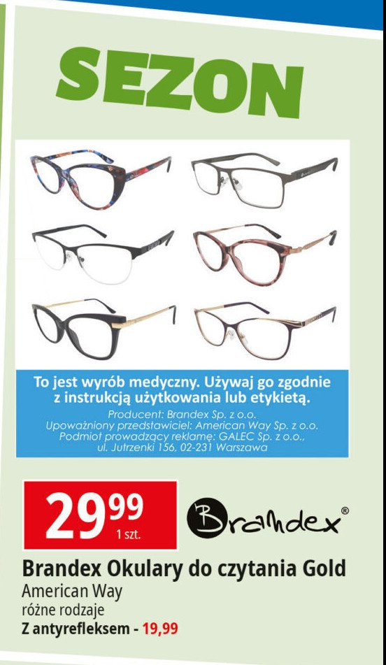 Okulary do czytania z antyrefleksem Brandex promocja
