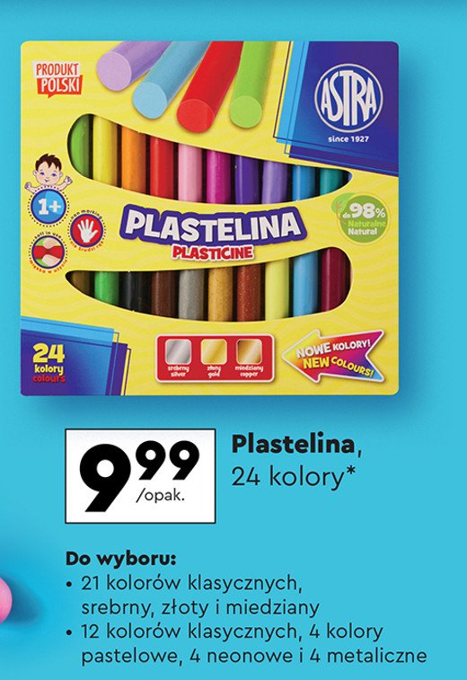 Plastelina 12 kolorów klasycznych + 4 kolory pastelowe + 4 neonowe + 4 metaliczne Astra promocja