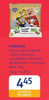 Chrupki BIO Psi patrol z ryżu i ciecierzycy z orzeszkami ziemnymi dla dzieci po 3 roku życia PURE&FUN promocja w Drogerie DM