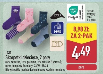 Skarpetki dziecięce L&D, 2 pary promocja w Aldi