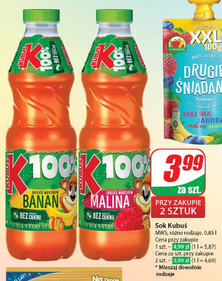 Sok jabłko-banan-brzoskwinia-marchew Kubuś 100% sok promocja w Dino