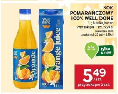 Sok pomarańczowy 100% Well Done 1 L butelka, karton promocja w Stokrotka