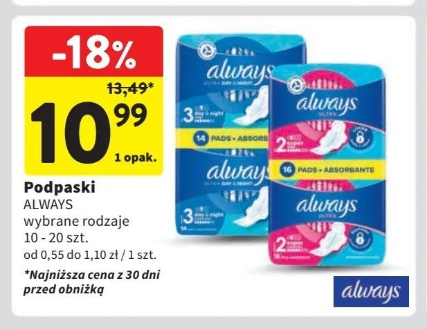 Podpaski ALWAYS ULTRA DAY & NIGHT promocja w Intermarche