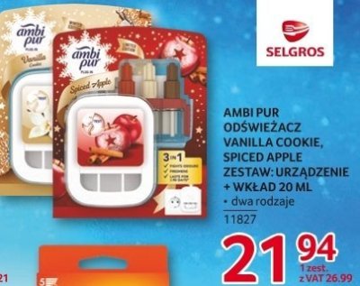 Odświeżacz Ambi Pur Vanilla Cookie, Spiced Apple zestaw urządzenie + wkład 20 ml promocja w Selgros