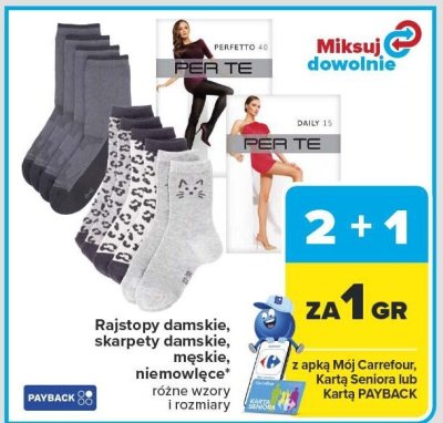 Rajstopy damskie, skarpety damskie, męskie, niemowlęce różne wzory i rozmiary promocja w Carrefour Market