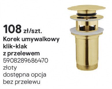 Korek umywalkowy klik-klak z przelewem złoty promocja w Castorama