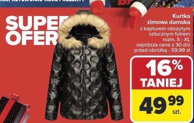 Kurtka zimowa damska z kapturem obszytym sztucznym futrem promocja w Carrefour