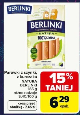 Parówki z szynki, z kurczaka NATURA BERLINKI 185 g różne rodzaje promocja w Carrefour Market