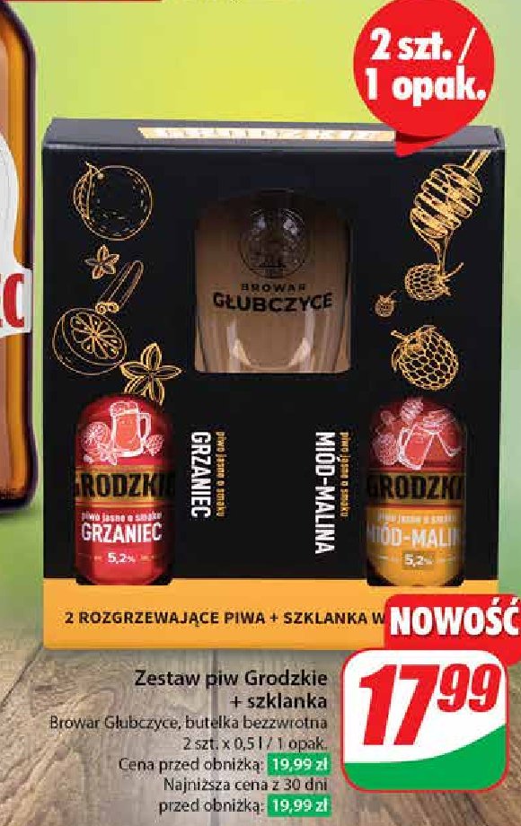 Piwo grzaniec + piwo miód malina + szklanka Grodzkie zestaw promocja
