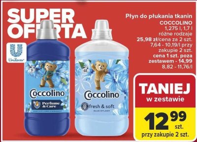 Płyn do płukania tkanin COCCOLINO różne rodzaje 1,275 l / 1,7 l promocja w Carrefour