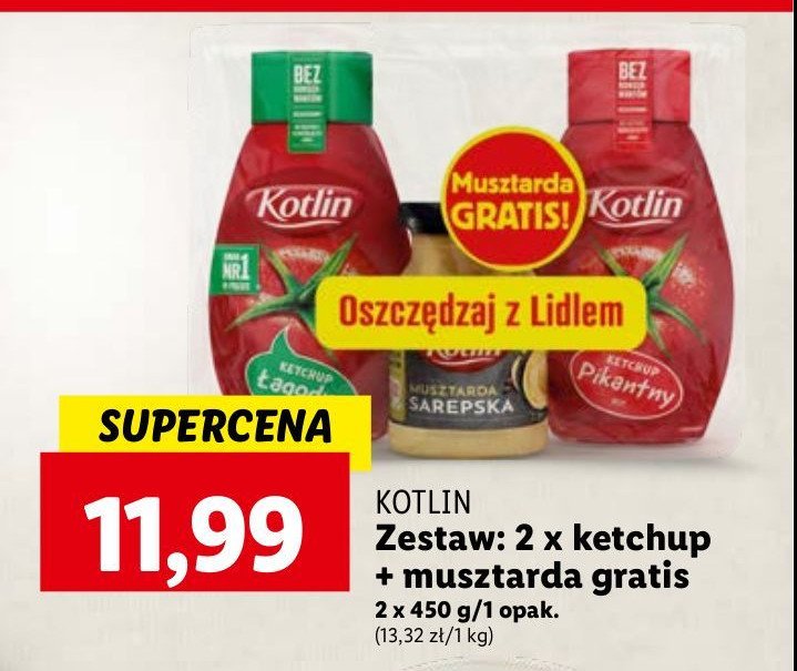 Ketchup łagodny + pikantny 450 g + musztarda sarepska Kotlin promocja