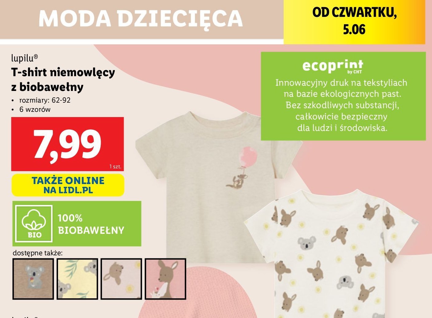 T-shirt niemowlęcy z biobawełny 62-92 cm Lupilu promocja w Lidl