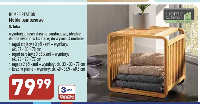 Regał bambusowy 3 półki 37 x 33 x 78 cm Home creation promocja