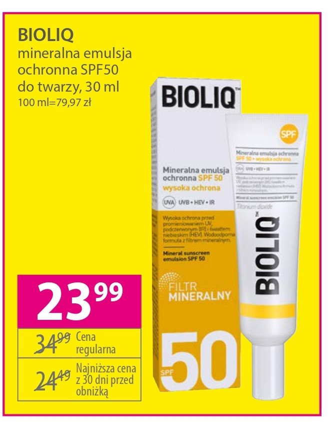 Mineralna emulsja do opalania spf50 wysoka ochrona Bioliq promocja