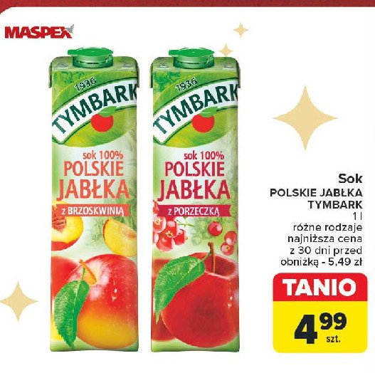 Sok 100% polskie jabłka z brzoskwinią Tymbark 1936 promocja w Carrefour Market