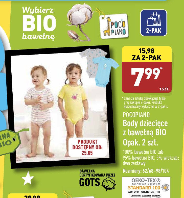 Body niemowlęce z bawełną bio 62/68-98/104 Pocopiano promocje