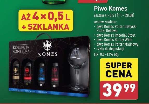 Piwo + pokal Komes potrójny złoty + komes podwójny ciemny + komes porter bałtycki + komes poczwórny bursztynowy promocja w Aldi