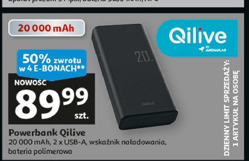 Powerbank 20000 mah Qilive promocja w Auchan