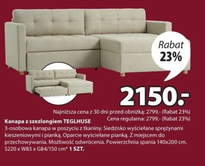 Kanapa z szezlongiem TEGLHUSE promocja w Jysk