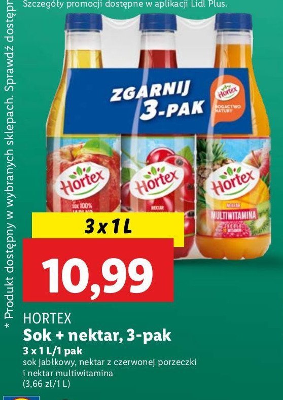 Zestaw: sok jabłko + nektarcz czarna porzeczka + sok multiwitamina Hortex promocja