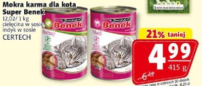 Mokra karma dla kota Super Benek cielęcina w sosie, indyk w sosie promocja w Prim Market