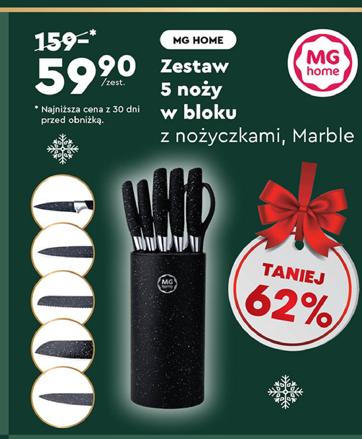 Zestaw noży kuchennych z nożyczkami black marble Mg home promocja