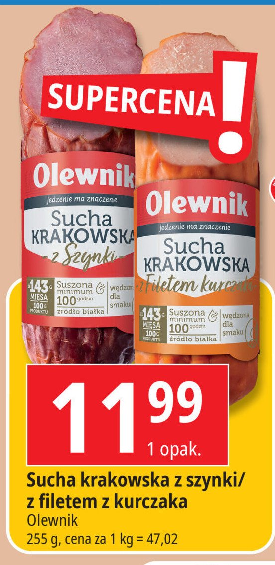 Kiełbasa krakowska sucha z fileta kurczaka Olewnik promocja w Leclerc