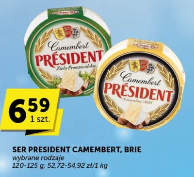 Ser President Camembert, Brie wybrane rodzaje 120-125 g 52.72-54.92 zł/kg promocja w Euro Sklep