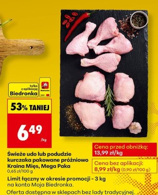 Świeże udo lub podudzie kurczaka pakowane próżniowo Kraina Mięs, Mega Paka promocja w Biedronka