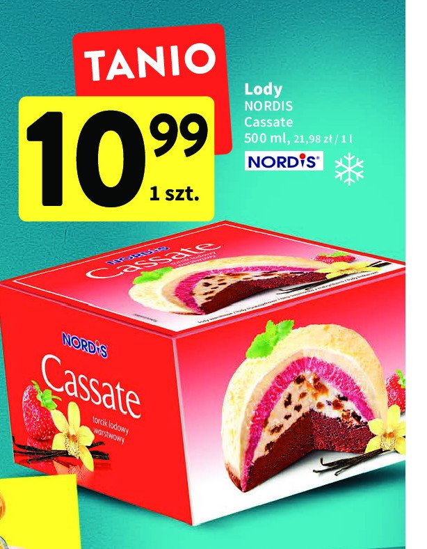 Torcik lodowy cassate truskawkowo-czekoladowo-waniliowy z bitą śmietaną i rodzynkami Nordis promocja