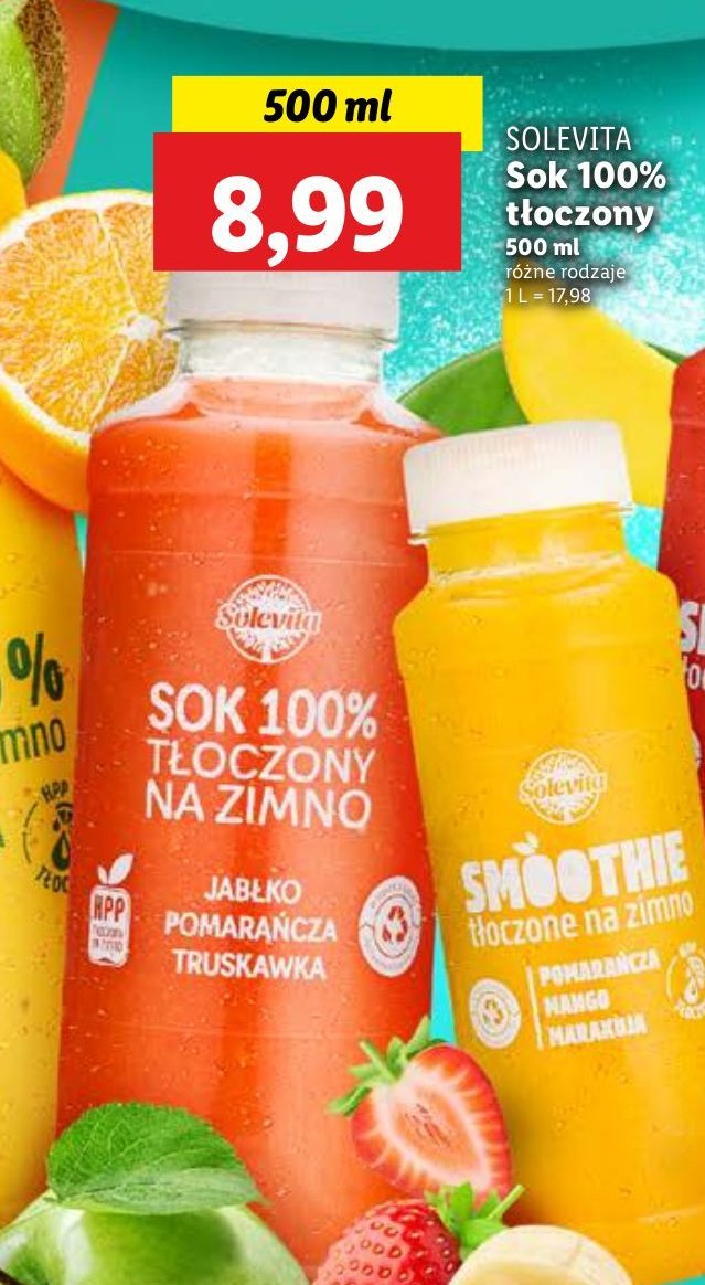 Sok 100% tłoczony na zimno jabłko-pomarańcza-truskawka Solevita promocja w Lidl