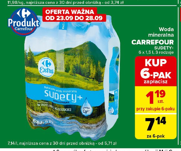 Woda naturalna niegazowana Carrefour sudety+ promocja