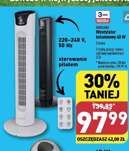 Wentylator kolumnowy z pilotem 40w AMBIANO promocja