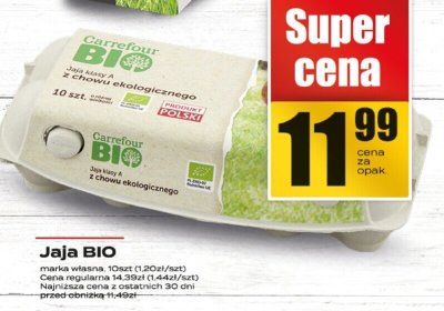 Jaja BIO Carrefour Bio klasy A z chowu ekologicznego promocja w Supeco