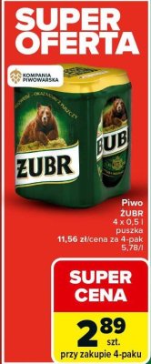 Piwo ŻUBR 4 x 0,5 l puszka promocja w Carrefour Market