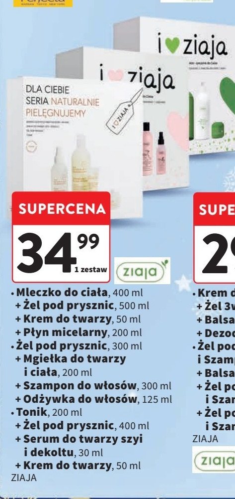 Zestaw w pudełku jeju różowa: żel pod prysznic 300 ml + szampon do włosów 300 ml + mgiełka 200 ml + odżywka 125 ml Ziaja zestaw promocja w Intermarche