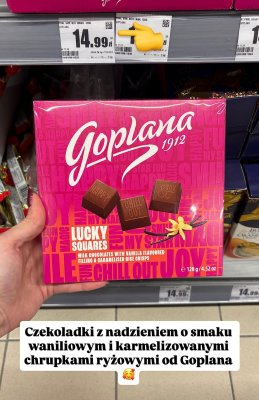 Czekoladki Lucky Squares z nadzieniem o smaku waniliowym i karmelizowanymi chrupkami ryżowymi Goplana 128g promocja w Intermarche
