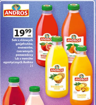 Sok z różanych grejpfrutów, ananasów, czerwonych pomarańczy lub z owoców egzotycznych Andros 1 l promocja w Auchan